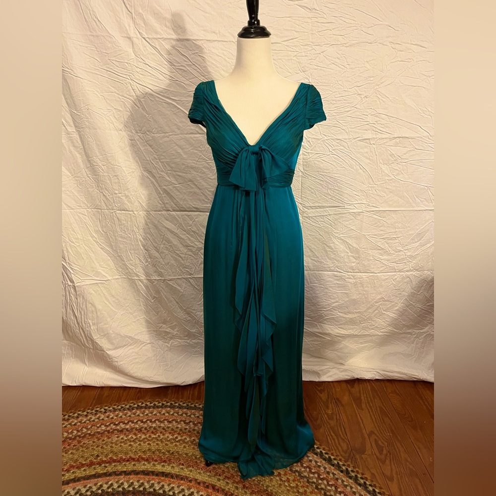 Rickie Freeman for Teri Jon silk chiffon, teal, empire waist gown. Sz 2.